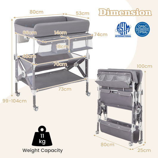 Portable Baby Changing Table with Wheels and Large Storage Rack-Gray
