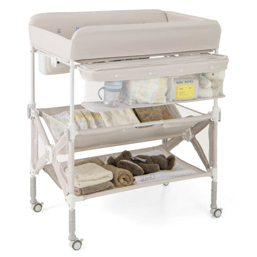 Portable Baby Changing Table with Wheels and Large Storage Rack-Natural
