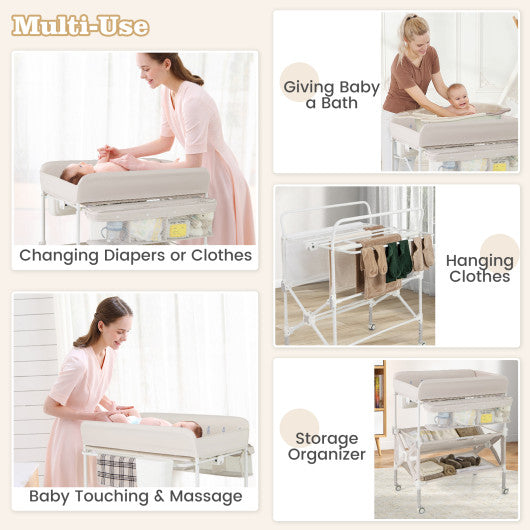 Portable Baby Changing Table with Wheels and Large Storage Rack-Natural