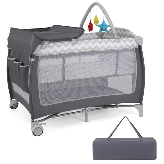 3-in-1 Portable Baby Playard with Zippered Door and Toy Bar-Gray