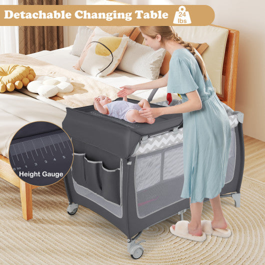 3-in-1 Portable Baby Playard with Zippered Door and Toy Bar-Gray