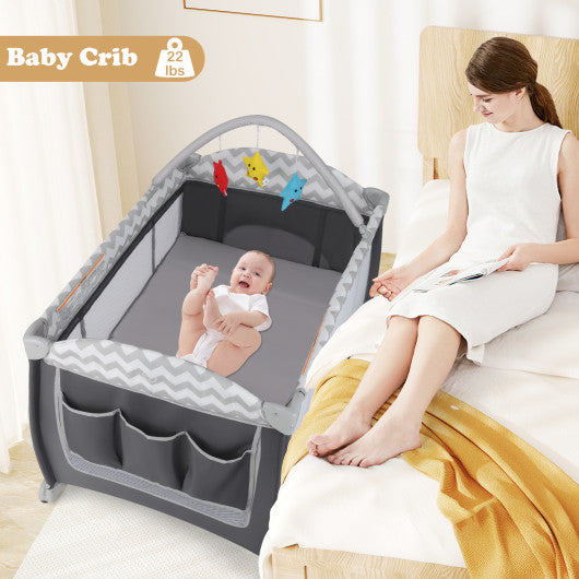3-in-1 Portable Baby Playard with Zippered Door and Toy Bar-Gray