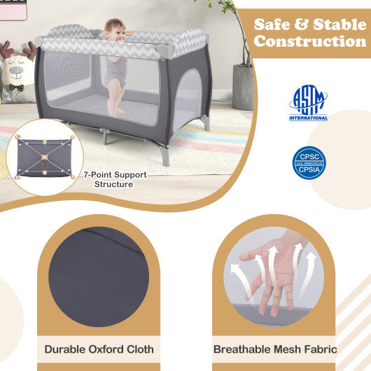 3-in-1 Portable Baby Playard with Zippered Door and Toy Bar-Gray