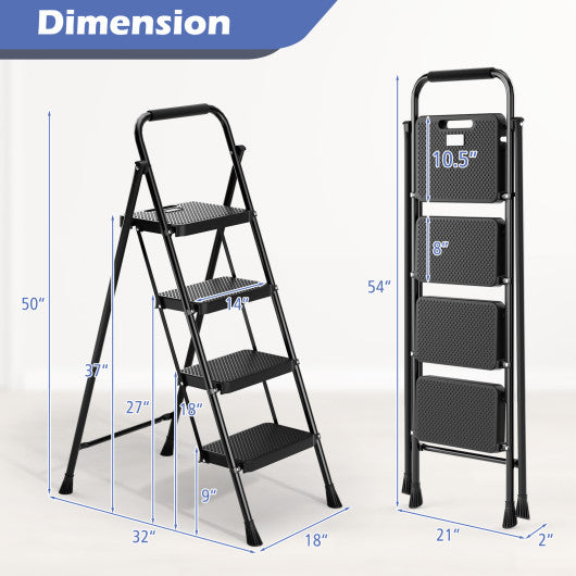 Portable Folding 4 Step Ladder Stool for Adults with Wide Anti-Slip Pedal-Black
