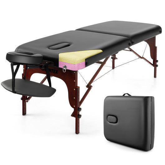 Folding Massage Table with Height-adjustable Beech Wood Frame-Black