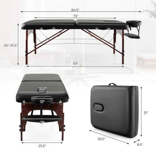 Folding Massage Table with Height-adjustable Beech Wood Frame-Black