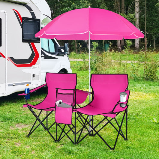 Portable Folding Picnic Double Chair With Removable Umbrella-Pink
