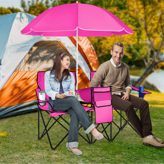 Portable Folding Picnic Double Chair With Removable Umbrella-Pink