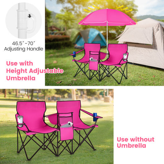 Portable Folding Picnic Double Chair With Removable Umbrella-Pink