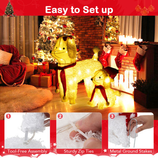 Pre-lit Mama and Baby Poodle Dogs with 60 Warm White LED Lights