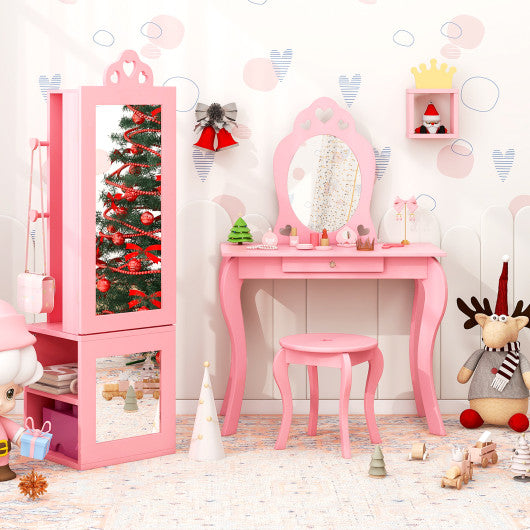 Princess Vanity Table and Stool Set Freestanding Jewelry Cabinet Armoire with Full-Length Mirror-Pink