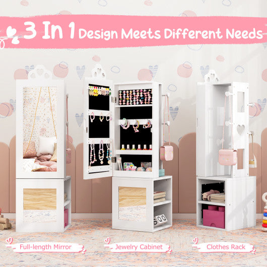 Princess Vanity Table and Stool Set Freestanding Jewelry Cabinet Armoire with Full-Length Mirror-White