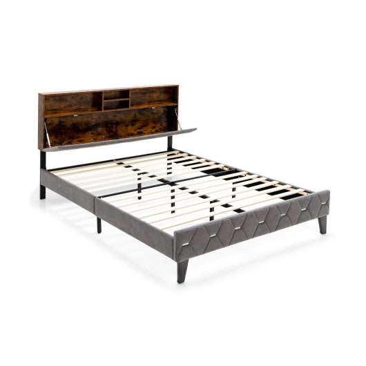 Full/Queen Size Upholstered Bed Frame with Storage Headboard-Queen Size