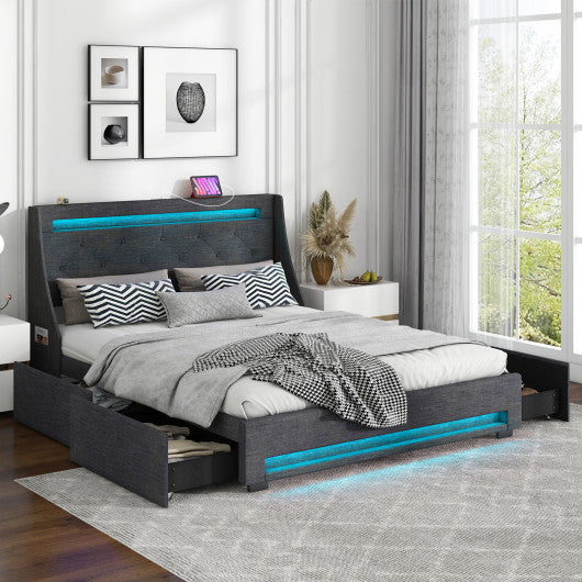 Queen Size Upholstered Platform Bed Frame with LED Lights and Charging Station-Grey