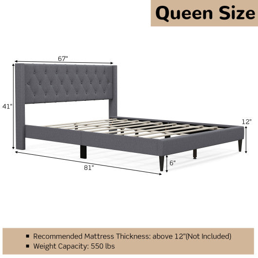 Queen Size Upholstered Platform Bed with Button Tufted Wingback Headboard-Gray