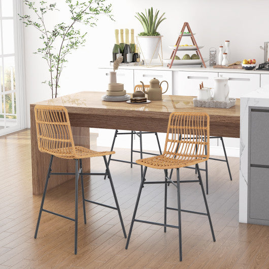 Set of 2 Rattan Bar Stools with Sturdy Metal Frame-Yellow