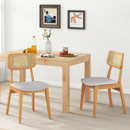 Rattan Dining Chair Set of 2 with Can Back and Rubber Wood Frame-Natural
