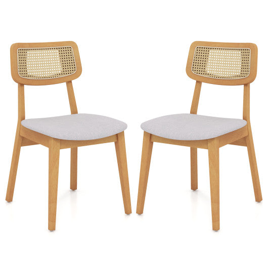 Rattan Dining Chair Set of 2 with Can Back and Rubber Wood Frame-Natural