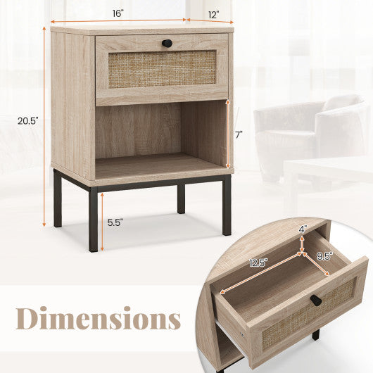 Rattan Nightstand Boho End Table with Rattan Drawer and Open Shelf Set of 2-Oak