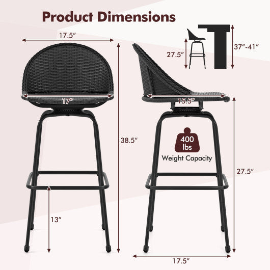 Set of 2 Rattan Swivel Barstools with Curved Back-Black