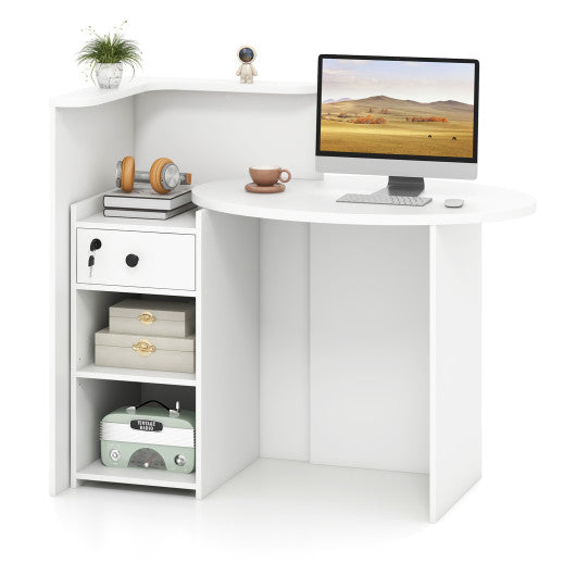 Reception Office Desk with Open Shelf and Lockable Drawer-White