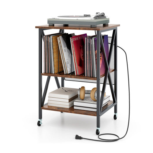 Mid-Century Record Player Stand with Built-in Charging Station-Rustic Brown