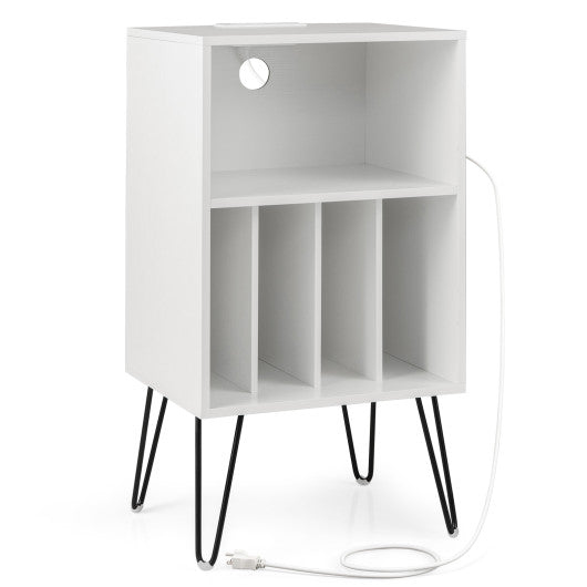 Record Player Stand with Charging Station for Living Room Bedroom-White