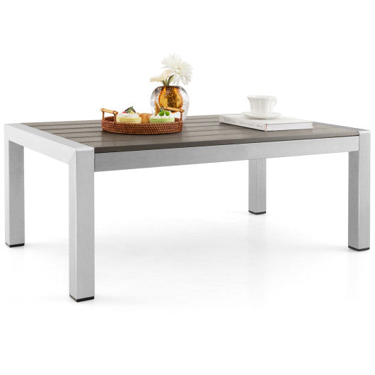 Modern Rectangular Patio Coffee Table with Plastic Wood Tabletop and Rustproof Aluminum Frame-Gray