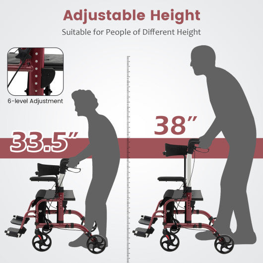 Folding Rollator Walker with Seat and Wheels Supports up to 300 lbs-Red