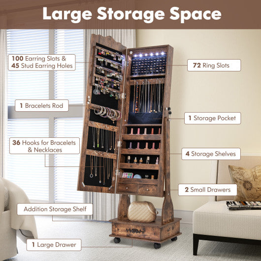 Rolling Floor Standing Mirrored Jewelry Armoire with Lock and Drawers-Rustic Brown