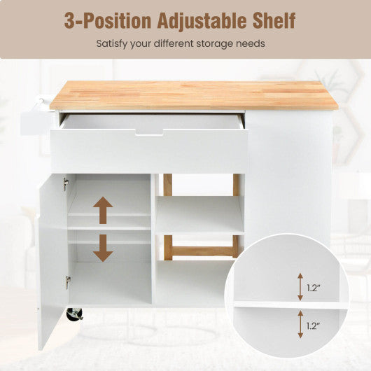 Drop-Leaf Kitchen Island with Rubber Wood Top-White