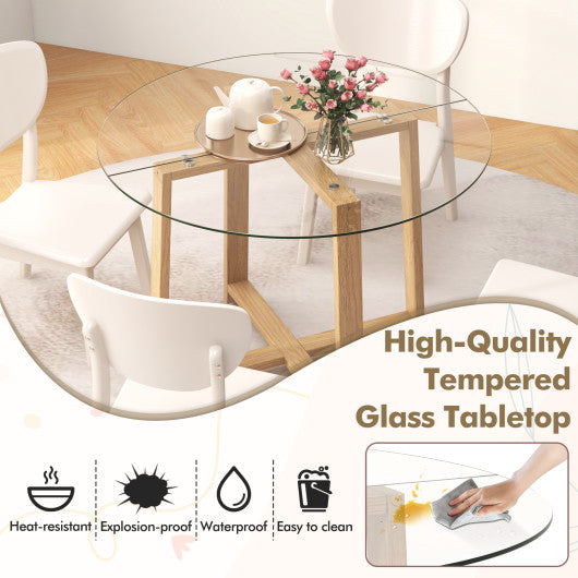42 Inches Round Glass Dining Table with Tempered Glass Tabletop and Rubber Wood Legs-Natural
