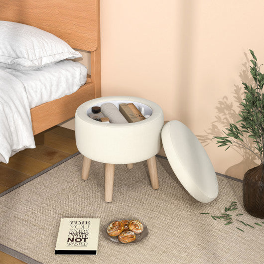 Round Storage Ottoman with Rubber Wood Legs and Adjustable Foot Pads-Beige