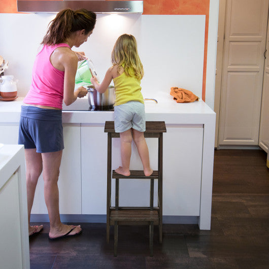 3-in-1 Rubber Wood 3 Tier Folding Step Stool Ladder Storage Shelf-Brown