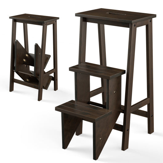 3-in-1 Rubber Wood 3 Tier Folding Step Stool Ladder Storage Shelf-Brown