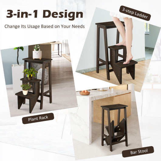3-in-1 Rubber Wood 3 Tier Folding Step Stool Ladder Storage Shelf-Brown