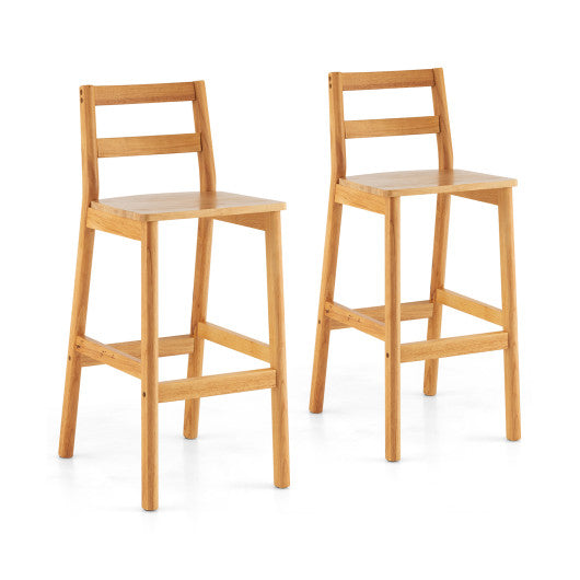 Set of 2 28 Inch Rubber Wood Armless Bar Stools with Backrest and Footrest-Natural