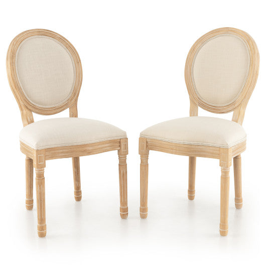 Rubber Wood Kitchen French Dining Chair Set of 2 with Sponge Padding and Round Backrest-Beige