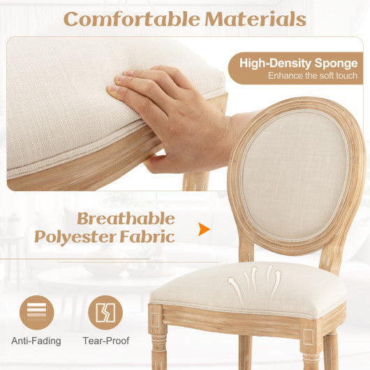 Rubber Wood Kitchen French Dining Chair Set of 2 with Sponge Padding and Round Backrest-Beige