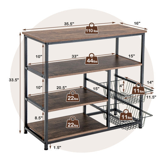 4-Tier Industrial Kitchen Baker's Rack with 2 Wire Baskets-Rustic Brown