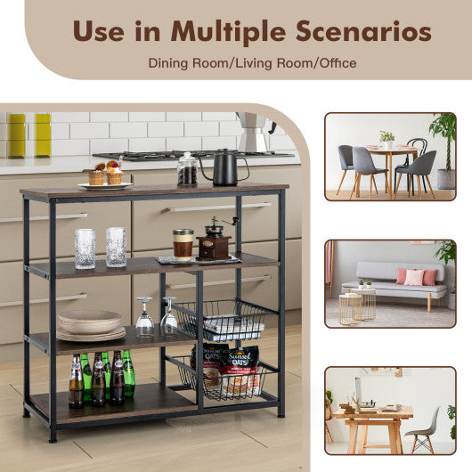 4-Tier Industrial Kitchen Baker's Rack with 2 Wire Baskets-Rustic Brown