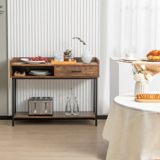 Long Console Table with Drawer and Metal Frame-Rustic Brown