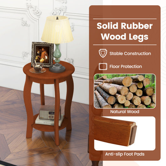 Set of 2 15 Inch 2-Tier Round End Table with Storage Shelf-Walnut