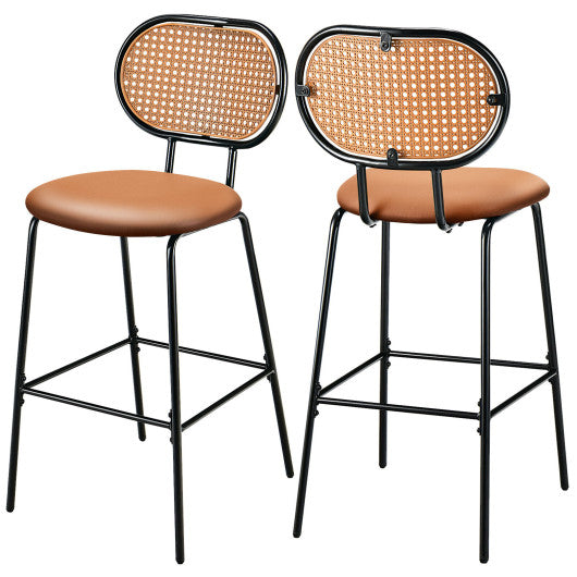 29.5 Inch Modern Faux Leather Bar Stools with Imitation Rattan Woven Backrest-Brown