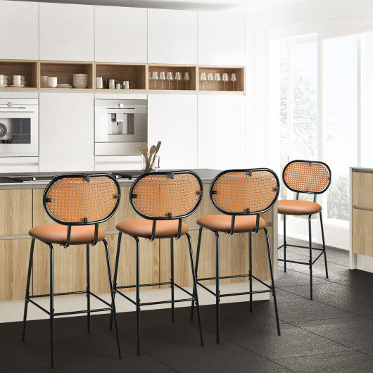 29.5 Inch Modern Faux Leather Bar Stools with Imitation Rattan Woven Backrest-Brown