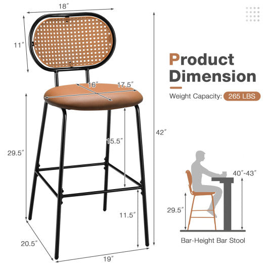 29.5 Inch Modern Faux Leather Bar Stools with Imitation Rattan Woven Backrest-Brown