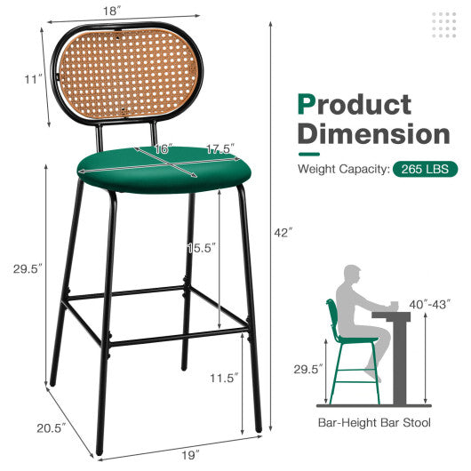 29.5 Inch Modern Faux Leather Bar Stools with Imitation Rattan Woven Backrest-Green