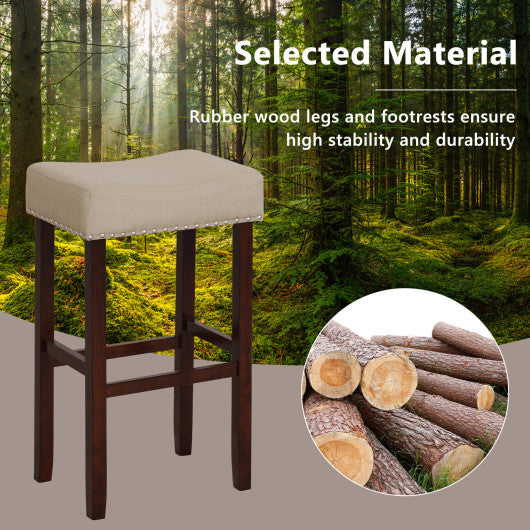 2 Set of 29 Inch Height Upholstered Bar Stool with Solid Rubber Wood Legs and Footrest-Beige