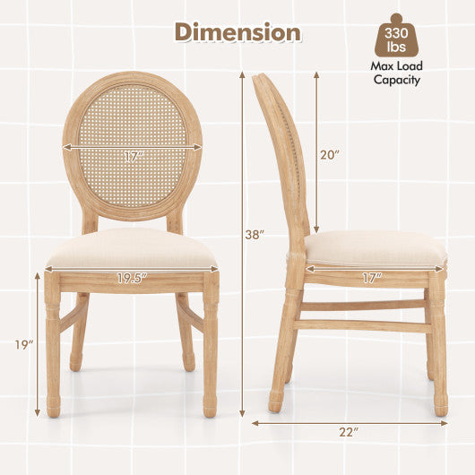 Set of 2 Dining Chairs French Style Kitchen Chair with Hand-Woven Rattan Backrest-Beige