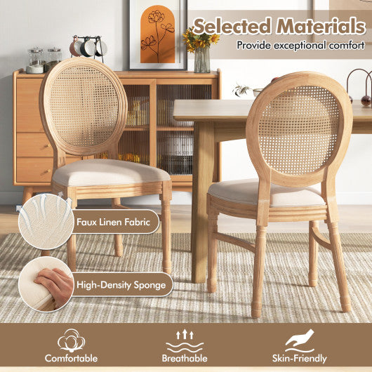 Set of 2 Dining Chairs French Style Kitchen Chair with Hand-Woven Rattan Backrest-Beige